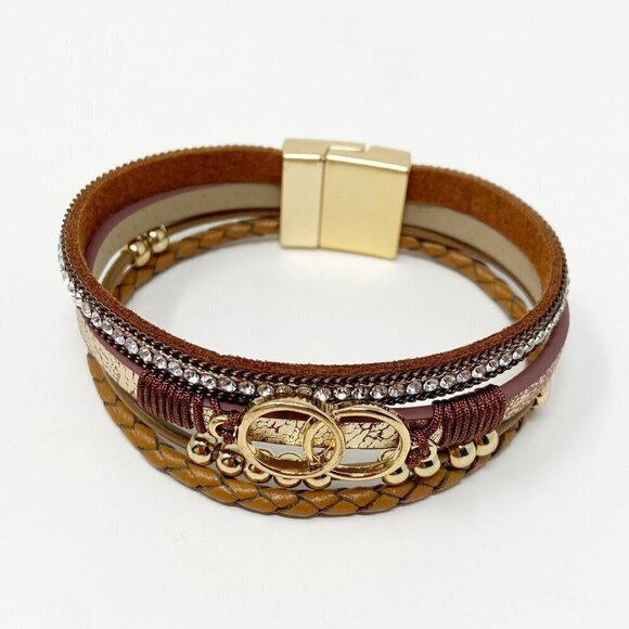 BTYSUN | Brown Leather Gold Tone Beaded Wrap Bracelet Magnetic Closure - Picture 1 of 13
